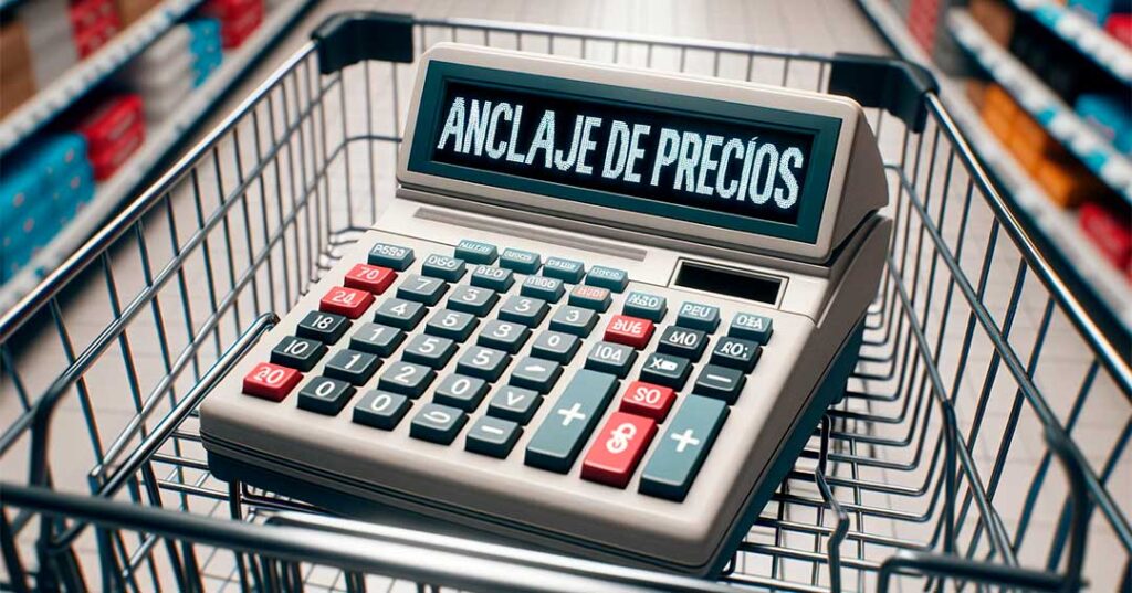 Caja registradora mostrando 'Anclaje de Precios' con carritos de compras en el fondo.
