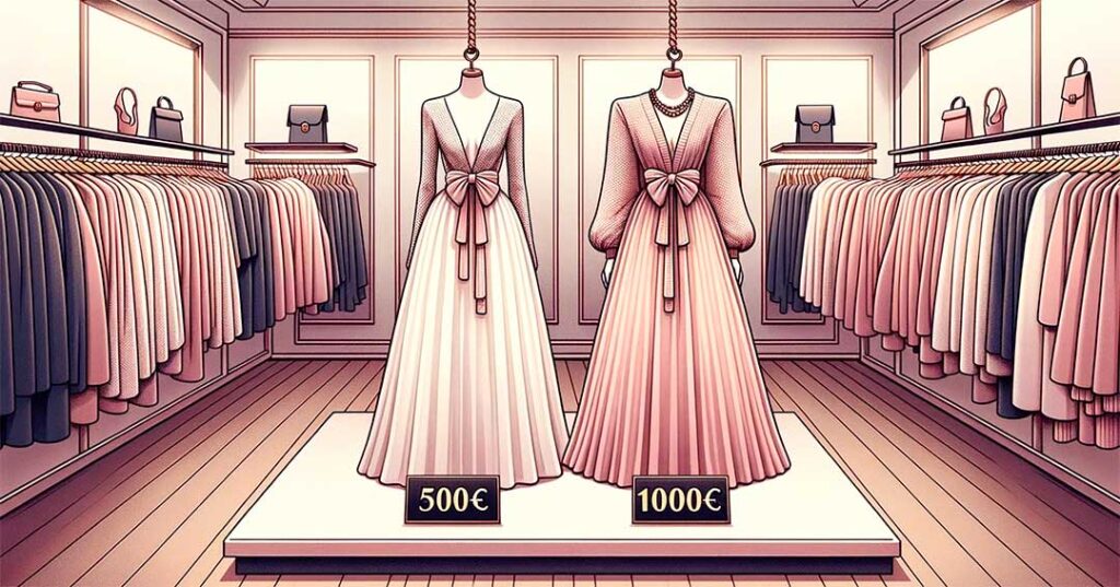 Dos vestidos similares en tienda, uno etiquetado con 500€ y el otro con 1000€.