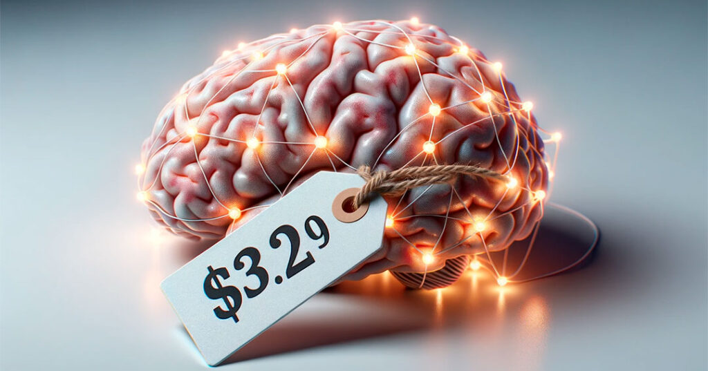 Cerebro iluminado con conexiones neuronales junto a etiqueta de precio, simbolizando la psicología del anclaje de precios.