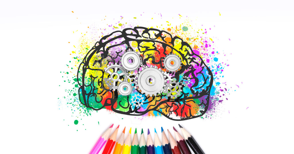 Ilustración de un cerebro con diferentes colores y engranajes y en la parte de abajo diferentes lápices de colores, representando como hacer un branding efectivo