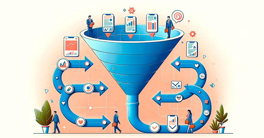 Ilustración mostrando una secuencia de etapas representadas por segmentos de embudo, destacando el viaje del cliente a través del proceso de ventas.