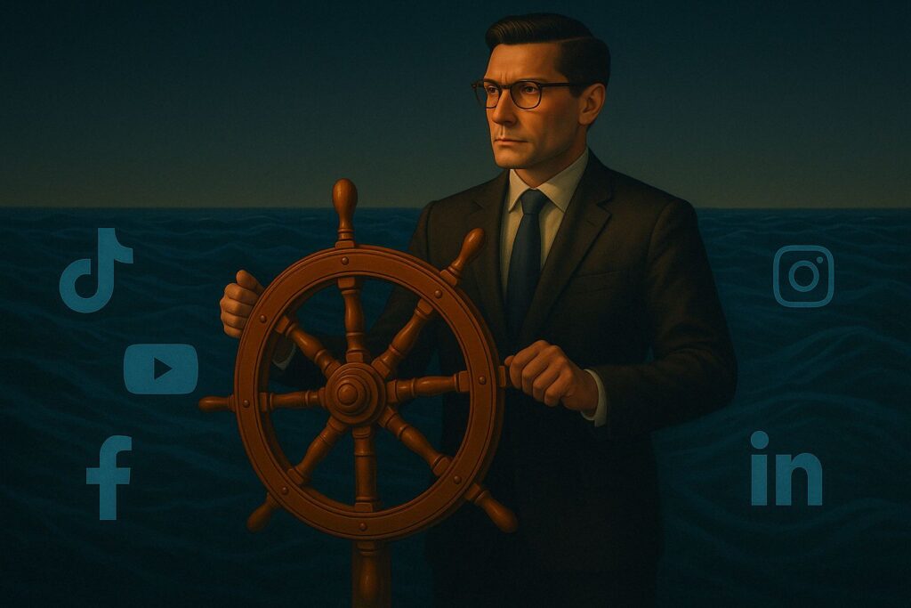 Ilustración de un emprendedor navegando por el mar de redes sociales intentando decidir que redes sociales usar en función de su contexto propio
