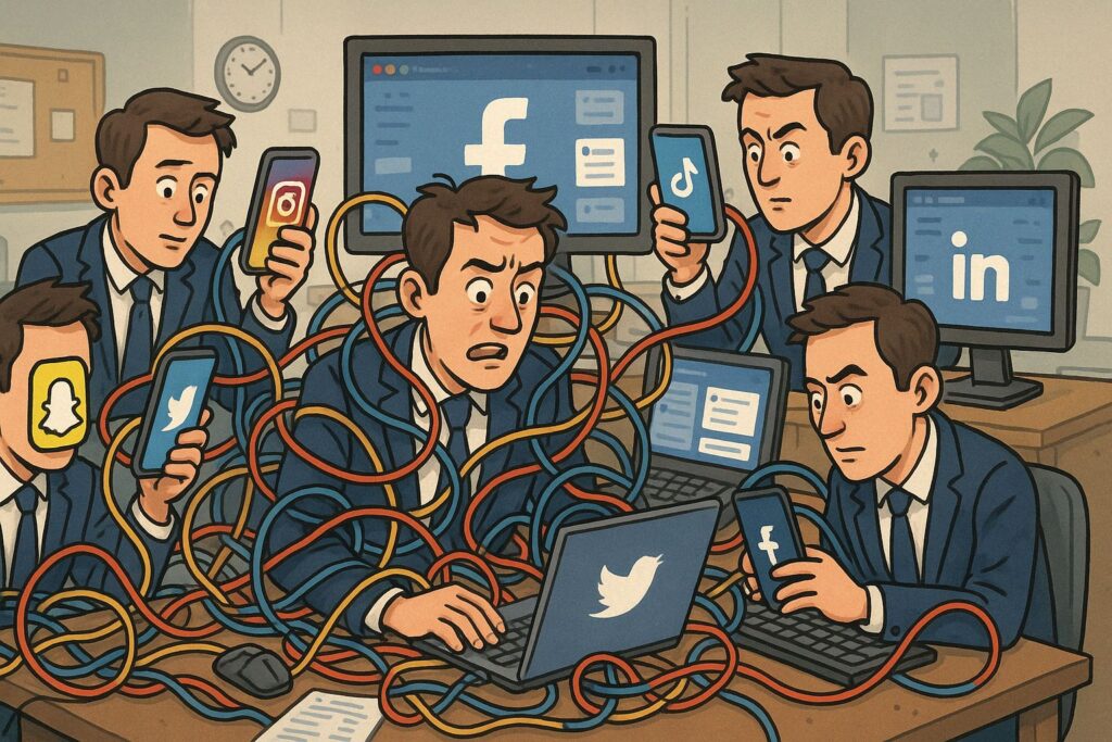 emprendedor que tiene que duplicarse para poder atender todas las redes sociales que usa