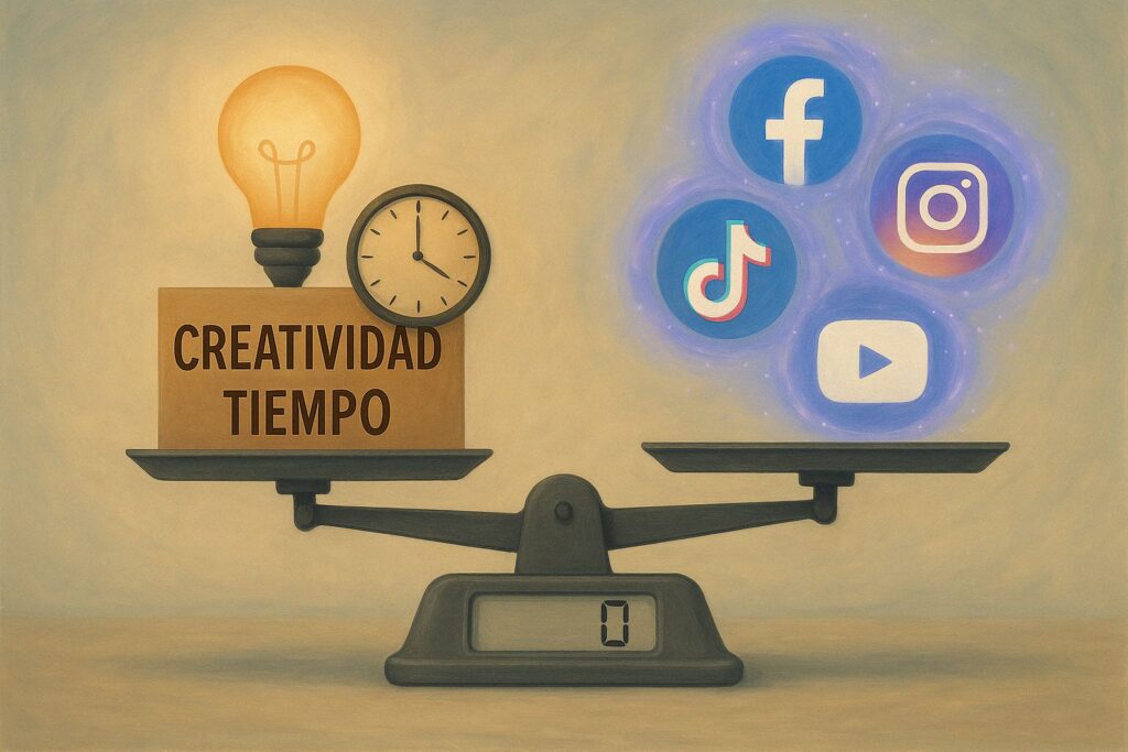 Ilustración de una balanza que tiene en un lado creatividad y tiempo y en el otro diferentes redes sociales