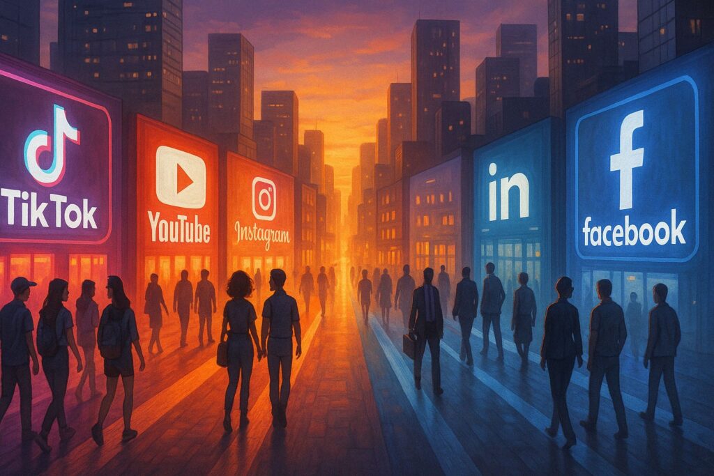 Personas paseando por una calle en la que los edificios son representaciones de las redes sociales